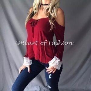 Cold Shoulder Crochet Lace Cuff Burgundy Blouse